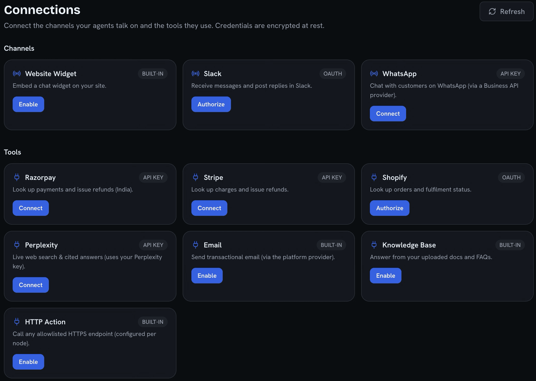 Connections — channels and tools your agents can use